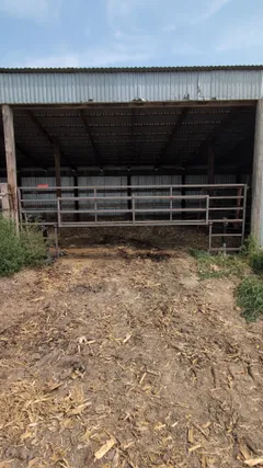 Custom 15-foot pipe gate closed across the open bay of a metal calving shelter, with the creep gate section swung up and latched open